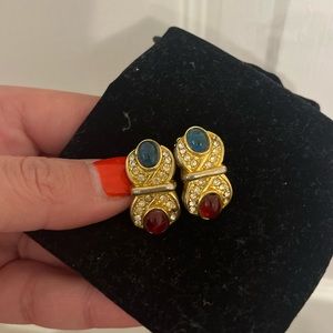 Vintage Blue & Red Crystal & Cabochon Clip Earrings